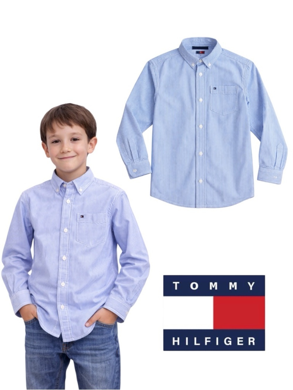 TOMMY HILFIGER Boys Blue Striped Button Down Shirt Size 7 - Picture 1 of 11